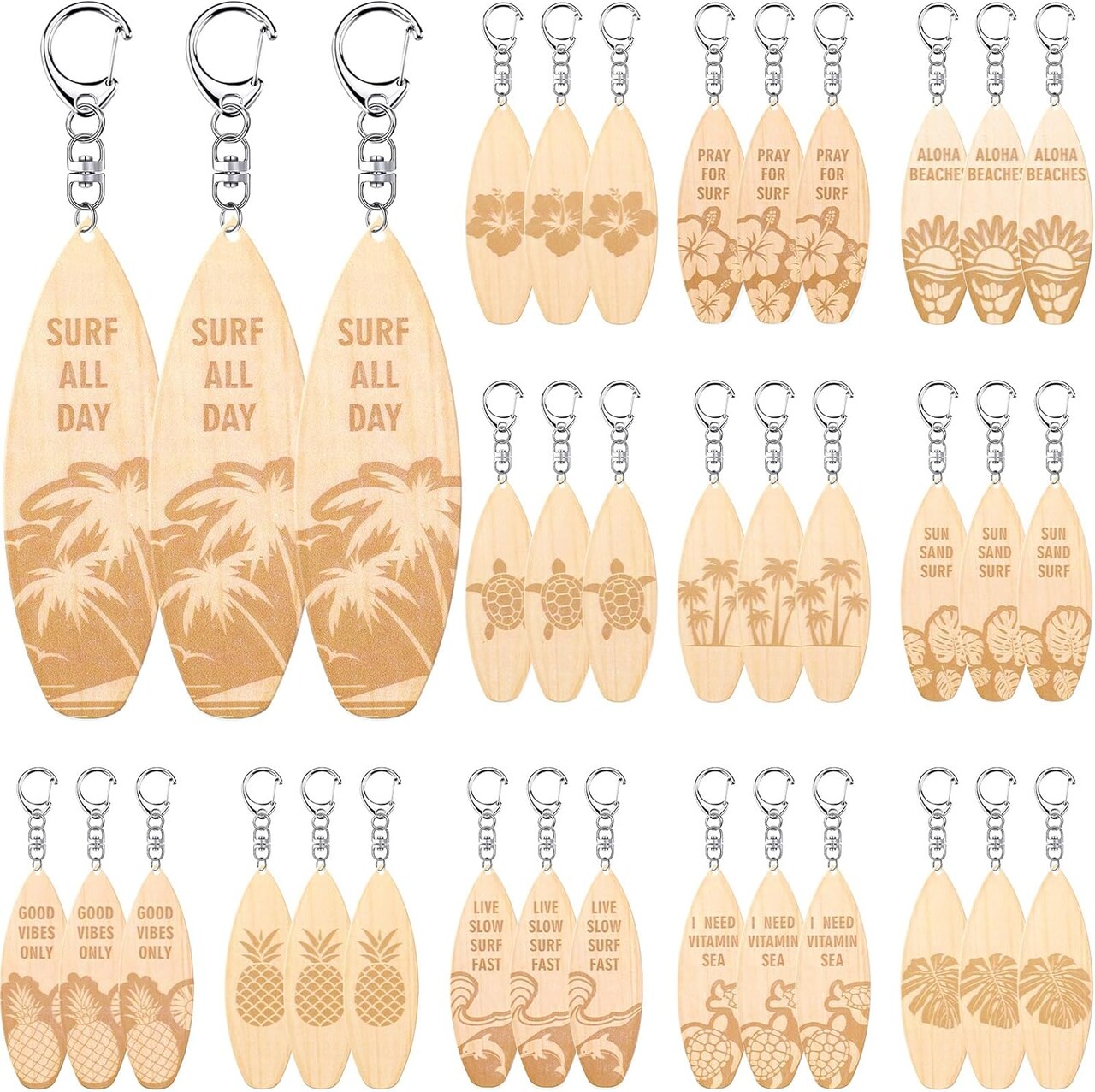 36 Pcs Beach Summer Party Favors Keychain Gifts Bulk Wooden Surfboard Sea Turtle Coconut Tree Christian Religious Key Ring for Hawaiian Luau Florida Bahamas Souvenirs Supplies(Ocean Style)